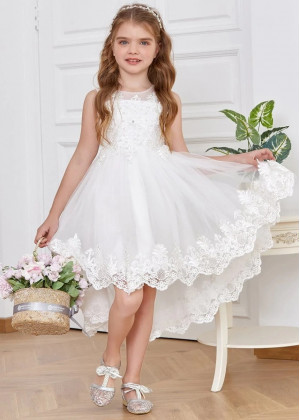 Ivory Beaded Lace Tulle High Low Popular Flower Girl Dress